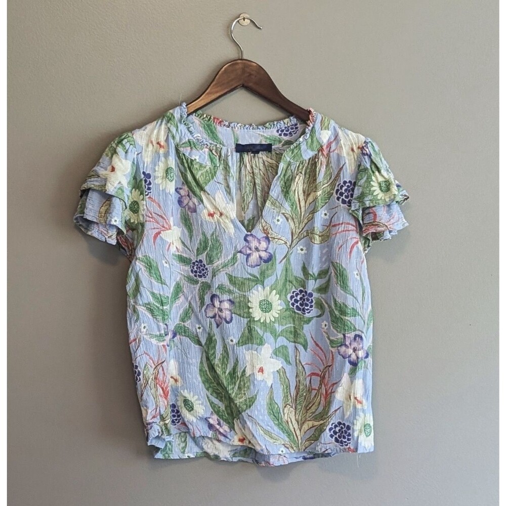 Rachel Rachel Roy Womens Large L  Tropical Floral Top Blue Ruffle Sleeve Blouse